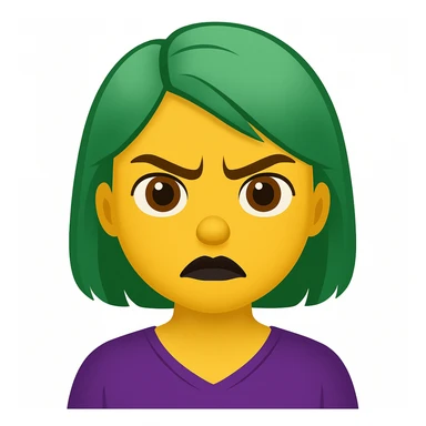 Edit the image of a girl with green hair and angry expression to have brown eyes and black lipstick in an emoji style. sticker