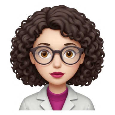 A crazy female scientist, with curly-wavy dark brown medium lenght hair, brown eyes and light grey glasses and pale skin and pinkish lips, dressed to look like an english teacher but in neutral tones like grey black white, maybe with the pop of dark red, she should look slighltly insane sticker
