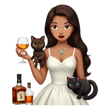 Beautiful woman in 1950’s woman fashion look, white dress, long dark brown hair, whisky with ice, black cat sticker