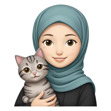 Asian white girl wearing hijab holding a black grey tabby cat while smiling sticker