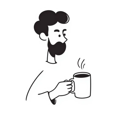 A thin guy with black hair, a long face, black beard, not too thick and long, holding a mug of coffee sticker
