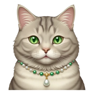 fluffy, slightly chubby, light grey tabby cat with green eyes, white tummy, and a pearl necklace  sticker