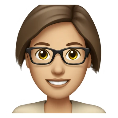 a teacher with English dictionary in hand in glasses, beige blouse, easel green eyes, brown chocolate hair and Hollywood smile sticker