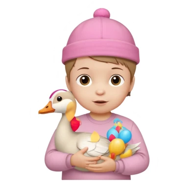 White-skinned baby, brown short hair, in a pink cap on his head, in a beige shirt, birthday, holding a goose toy in his hands sticker