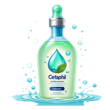 Cetaphil white bottle with light green flip cap and blue-green label, glowing softly. Surrounded by tiny light orbs and silky sparkles flowing like hydration waves. Feels like a gentle skin shield potion in a glossy, minimalist flask. sticker
