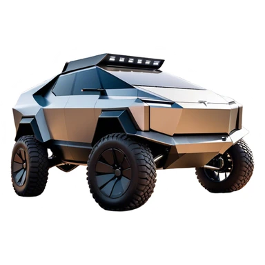 Tesla Cybertruck - A futuristic Tesla Cybertruck, angular and geometric with a sharp, triangular body shape. Stainless steel exoskeleton with a raw, unpainted, brushed-metal finish. A sleek, narrow LED light bar stretches across the entire front. Large, rugged off-road tires with exposed wheel arches. Smooth, handle-free doors and a slanted, armored rear with a retractable tonneau cover. Rear LED strip mirroring the front. The vehicle looks like a sci-fi-inspired, bulletproof stealth tank on wheels, set in a high-tech urban environment at sunset, with reflections on its metallic surface. sticker
