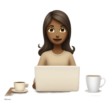 Half face of a girl at the laptop. A a cup of coffee on the left side of the table. Books on the right side. in beige tones sticker