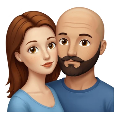 Couple. Bald man with dark brown-black beard. White woman with many small, faded freckles, she has white skin and she has auburn-brown-cinnamon, dark long hair. She has light brown eyes. The man have hazel eyes. Retro style. She kisses him on the cheek. sticker