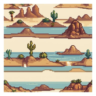 desert tile set with sand dunes, cacti, rocky formations, oasis with palm trees, desert shrubs, and ancient ruins sticker