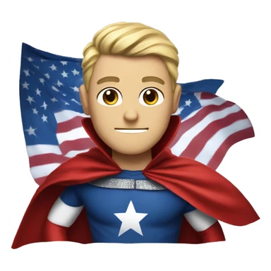 Emoji of Homelander from ‘The Boys’ series. USA flag-inspired costume with cape (red, blue, white). Confident, slightly menacing expression. sticker