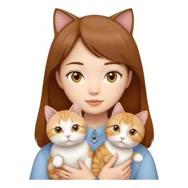 Asian girl, brown hair, brown eyes holding three cats one ginger, one yellow white one British short hair and cream colour sticker