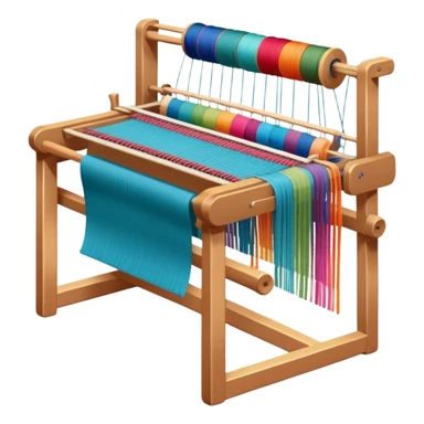 Weaving icon, loom with colorful fabric being woven, visible shuttle, spools of yarn, fabric swatches, sewing patterns, and finished clothes, minimalistic style, clean lines, transparent background. sticker