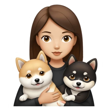 Brunette girl holding a white shiba inu and a black Shiba Inu sticker