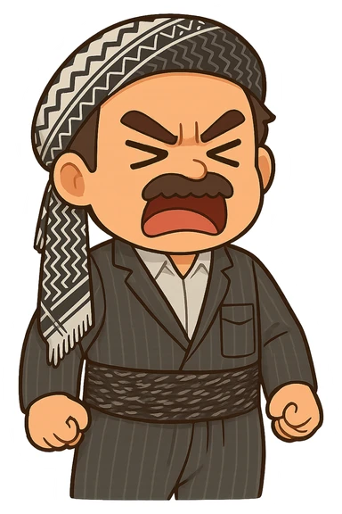 Cartoon sticker of a Kurdish man with the exact same clothes and scarf as the reference image, no changes to clothing or scarf. Face showing anger and rage with furrowed eyebrows and mouth either open or closed. Both hands clenched into fists at the sides of the body. Colorful and cheerful style, no shadows or color halos around the image, no text. Suitable for WhatsApp and Instagram, with a completely transparent background. sticker