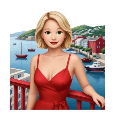 jennifer lawrence, closeup portrait , leaning on a balcony with a harbor and cityscape in the background, smiling, red dress  sticker
