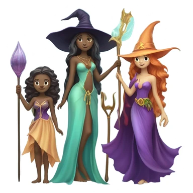 A group of 5 friends, consisting of a female witch, a female wizard, a male merman, a female fairy, and a female siren sticker