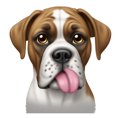 Sitting white boxer dog with pink nose sticker