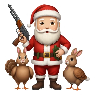 Santa holding a gun, a rabbit, and a turkey sticker