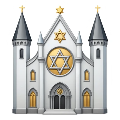 reform jewish synagogue similar in architecture to historical religious architecture in europe. the building should be white with silver/golden features, gothic architectural elements and star of david. no crosses. the emoji should be in ios emoji style. sticker