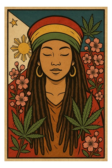 Vintage poster of an Asian Rasta woman with long dreadlocks, peaceful eyes, and a red-gold-green tam. Surrounded by cherry blossoms and ganja leaves. Background Asian flag. Retro reggae fusion vibe, with bold lines and aged paper texture. Philippines with the actual flag
 sticker