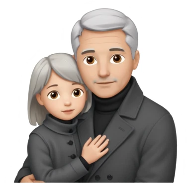 A father with silver-grey hair styled neatly and a clean-shaven face, wearing a dark turtleneck and wool coat, holding his girl child gently. The child has light brown hair and a soft white dress. Warm cinematic lighting, emotional close-up. sticker