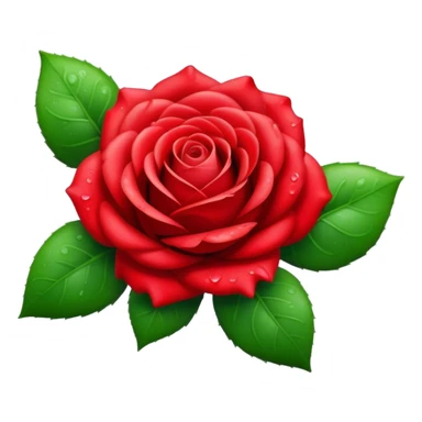 Cinematic Realistic Rose Emoji, Elegant and full of grace, with velvety, deep red petals unfurling in a perfect bloom, dew drops glistening on the soft edges, and a faint fragrance hanging in the air. The lush green leaves surround the stem, creating a vibrant contrast to the rich color of the petals. Soft glowing outline, capturing the essence of timeless beauty and romance in a single bloom. sticker