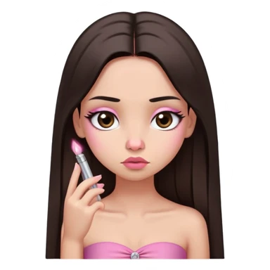 girl with lighter skin, dark brown long straight hair, pouty shiny lips without cupid's bow, large eyes, lighter button nose, long oval-shaped face, wearing a pink bandeau top with straight neckline, looking directly at camera with hands down at sides sticker