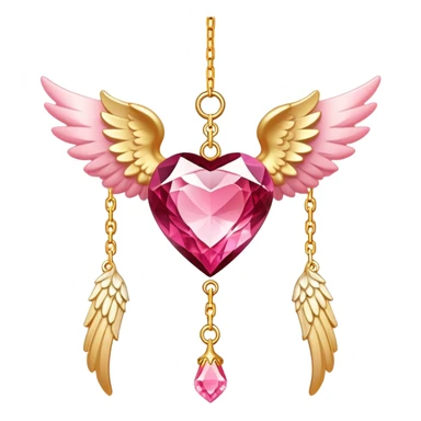 Reddish-pinkish and golden warm-colored romantic lush beautiful pretty hanging crystal-catcher aesthetic with hearts and sparkles and and white angel wings hanging from a gold chain sticker
