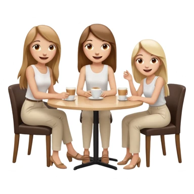 "Cartoon emoji of a girl with long, straight light brown hair, fair skin, brown eyes. Wearing a stylish white top and chic pants. Sitting at a café table, laughing and smiling, full of joy. Next to her, two friends: one blonde, one with black hair, one with brown hair. Smooth, simple, stylized sticker