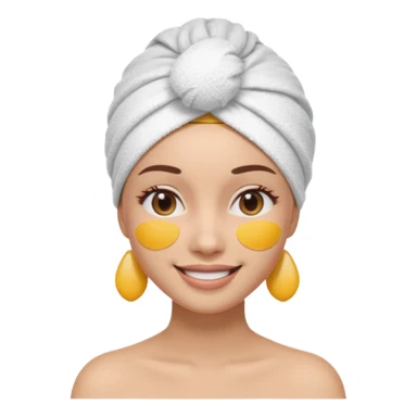 3D emoji style woman with towel head wrap, under-eye patches, smiling softly, clean girl skincare aesthetic, soft studio lighting, smooth skin texture, minimalist beige background, high resolution, PNG sticker