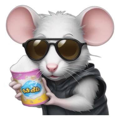 badass rat wearing sunglasses holding a small half-filled plastic bag of powdered sugar sticker