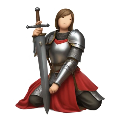 Joan of arc in medieval armor kneels, looking upward, with hands resting on a large sword. They're dressed in a red garment under the armor. sticker