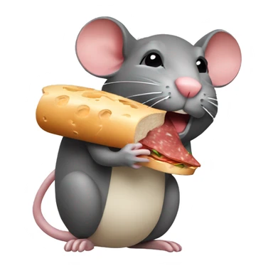 A rat eating a salami sandwich with cheese sticker