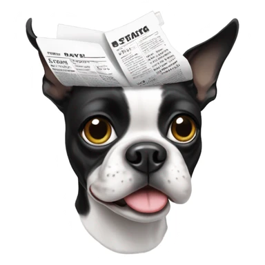 black and white boston terrier with a newspaper sticker