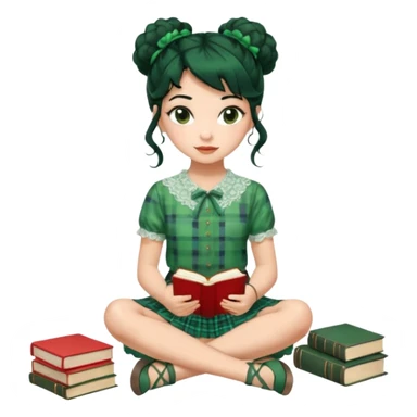 A beautiful girl wears a green lace blouse with short sleeves and a green lace skirt with a plaid pattern. Her long, curly black hair is styled in a messy bun. She holds books and crayons in her hands, and she is barefoot, sitting cross-legged on the floor. The illustration style is pop art. sticker
