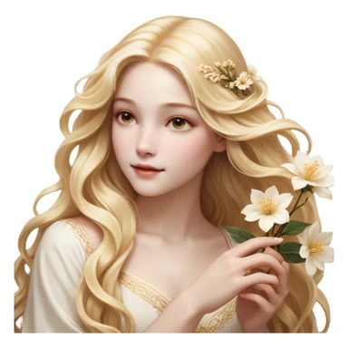 Cinematic Realistic Rapunzel Portrait, with porcelain-like skin featuring a subtle, natural glow, illuminated by soft lighting that brings out the gentle contours of her face. Her long, golden blonde hair cascades in detailed waves, each strand highlighted with a radiant shimmer as it catches the light. She playfully holds a flower in one hand, her other hand resting casually in her lap, with a warm and spirited expression. Her bright, expressive green eyes exude curiosity and warmth, framed by delicate lashes and soft, arched brows. She is dressed in her classic lavender and pink gown, the fabric textured with delicate folds that flow naturally, catching the light with a soft, radiant glow. The portrait captures a luminous, enchanting aura, seamlessly blending realism with a whimsical, fairytale charm, evoking a timeless sense of beauty and magic. sticker