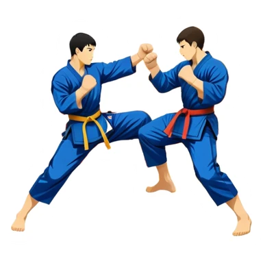 An emblem-style design featuring crossed martial arts weapons like a fist and foot, symbolizing striking combat sports. The background includes a silhouette of a fighter in an action pose, with dynamic lines and bold colors, showcasing speed and power. Transparent background. sticker