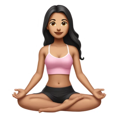 A girl with white skin tone, brown eyes and black long hair,  is sitting in a lotus position in a pink bra top and short white skirts sticker