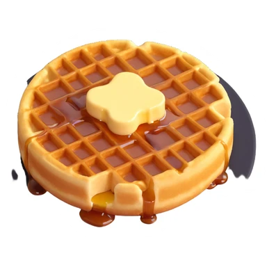 cute cartoon-style golden waffle with grid pattern, topped with small square of melting butter and evenly drizzled maple syrup, soft lighting, minimal shadows sticker