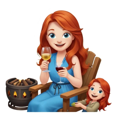 Laughing redhead with long hair and blue eyes holding wine bottle sitting in chair beside fire pit  sticker