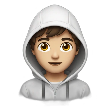 Boy with semi-long semi-dark brown hair with a white hoodie and black eyes sticker