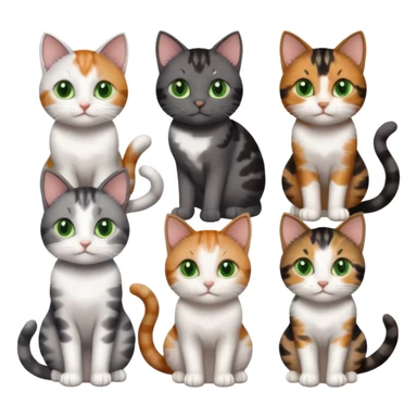 6 different coloured small cats including a dark grey and white, and a patchy calico, and a brown tabby and white,  and a completely solid dark grey with green eyes and only white paws sticker