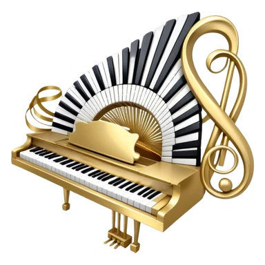 Create an elegant and festive emoji collage representing keyboard instruments, styled like a heraldic emblem. The design should feature a central focal point of black and white piano keys, arranged in a semi-circular or shield-like shape. Around the piano keys, add intertwining musical notes that form flowing ribbons, creating a dynamic and celebratory atmosphere. The design should be professional, with polished silver and gold accents on the keys and notes, highlighting the luxury and sophistication of the instruments. Add subtle shading and lighting effects to give the design a refined, 3D appearance. The background should remain transparent, and the overall feel should evoke grandeur, artistry, and a sense of celebration. sticker