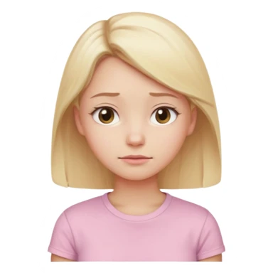 A cute emoji-style girl with light blonde hair and a soft pink t-shirt, looking thoughtfully into the distance, gentle expression, slightly furrowed brows, dreamy eyes, clean white background, simple and smooth vector-like design, pastel tones, 2D flat illustration, high clarity, emoji aesthetic sticker