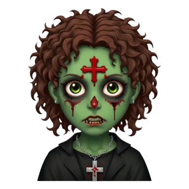 Zumbi verde com olhos castanhos aspecto de que tá sangrando, com cabelo castanho cacheado um piercing do lado esquerdo do nariz, roupa preta e crucifixo como colar, e também delineador  sticker
