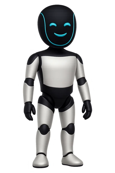 Create a fullbody Tesla robot emoji with the exact head from the reference image. The robot should have arms down pose, slightly smiling expression, and be in the apple emoji style. The style should be respected as closely as possible in the edit. sticker