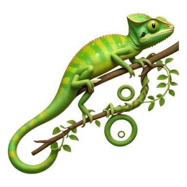 cinematic-chameleon-realistic-full-body-climbing-emoji,-slender-body-gripping-a-twisting-vine-with-prehensile-feet,-scaly-green-skin-shifting-shades-with-its-environment,-large-bulging-eyes-rotating-independently,-delicate-coiled-tail-curling-behind,-long-tongue-slightly-protruding-as-if-ready-to-strike,-simplified-yet-realistic-focused-features,-highly-detailed,-glowing-with-an-ethereal-forest-light sticker