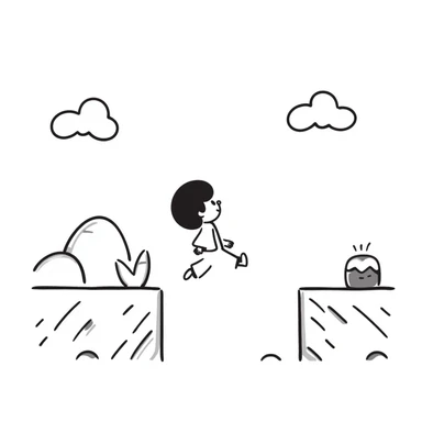 pixel art of a retro side-scrolling video game scene with blocks, platforms, clouds, and a character jumping, 8-bit Game Boy style, Mario world sticker