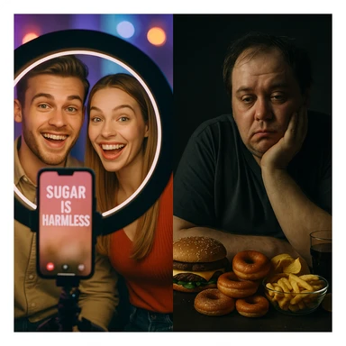 symbolic split scene: on one side, smiling confident influencers on smartphone saying sugar is harmless, bright lights, vibrant colors, filters; on the other side, tired swollen person surrounded by junk food, dark and shadowy environment; contrast between misinformation and hidden truth; cinematic style, dual lighting bright vs dark, social critique tone, 4K quality sticker