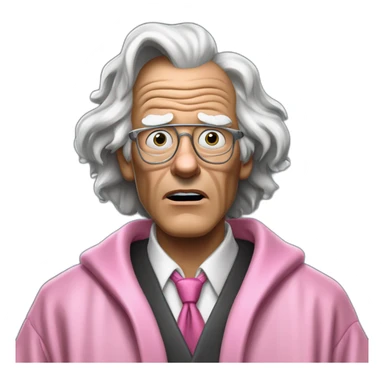 Doc Brown BTTF looking shocked and his mouth wide open. No eye-ware. Wearing a dark-silver bathrobe with black trim. Underneath the robe, there is a pink collard-shirt with a WHITE necktie. sticker